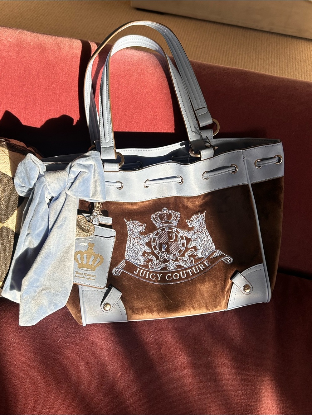 Juicy Couture Chocolate Brown and Baby Blue Velour Scottie dog dreamer tote